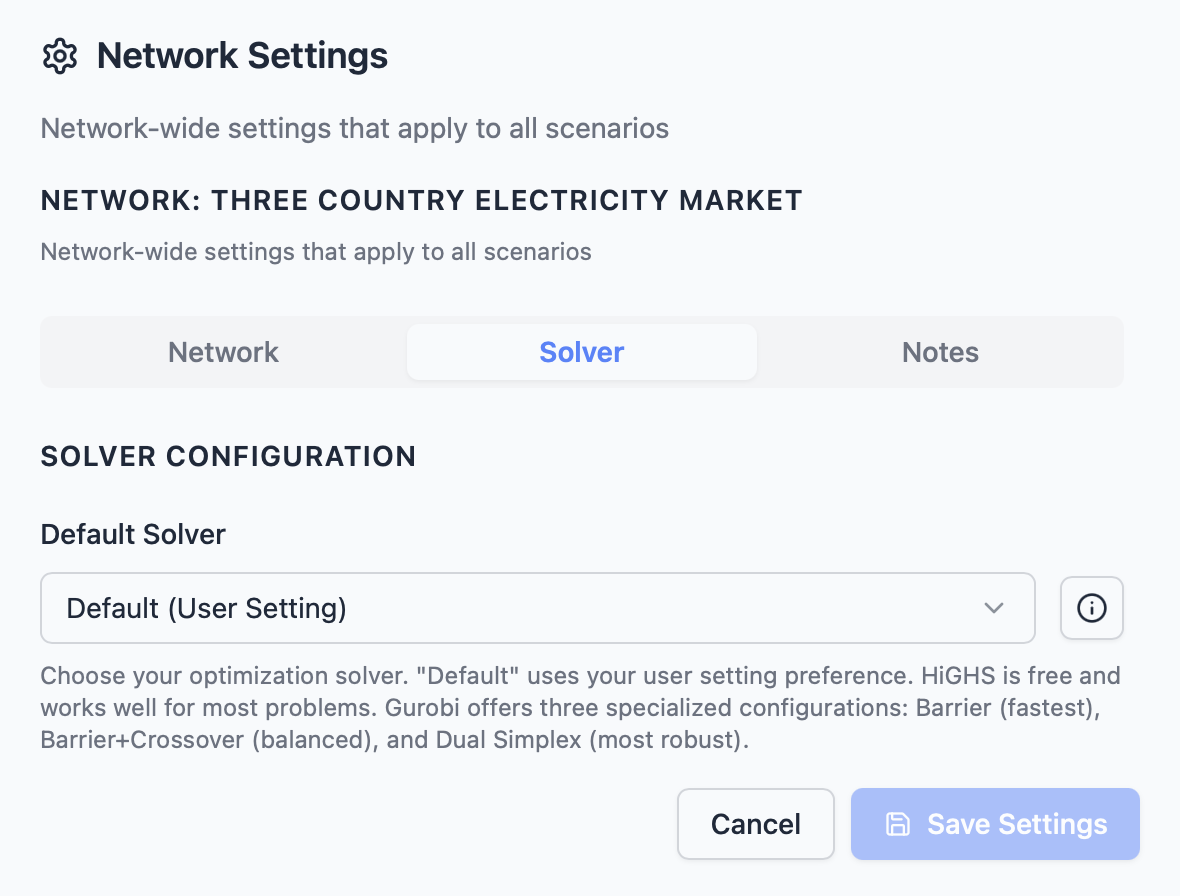 Network Settings - Solver tab