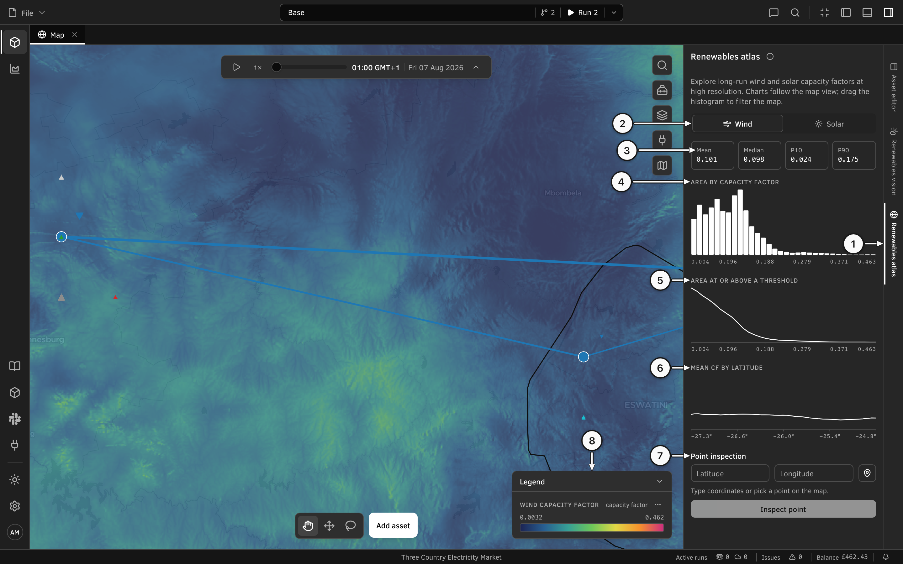Annotated view of the Renewables atlas panel in Convexity, with the wind capacity-factor layer painted over the map