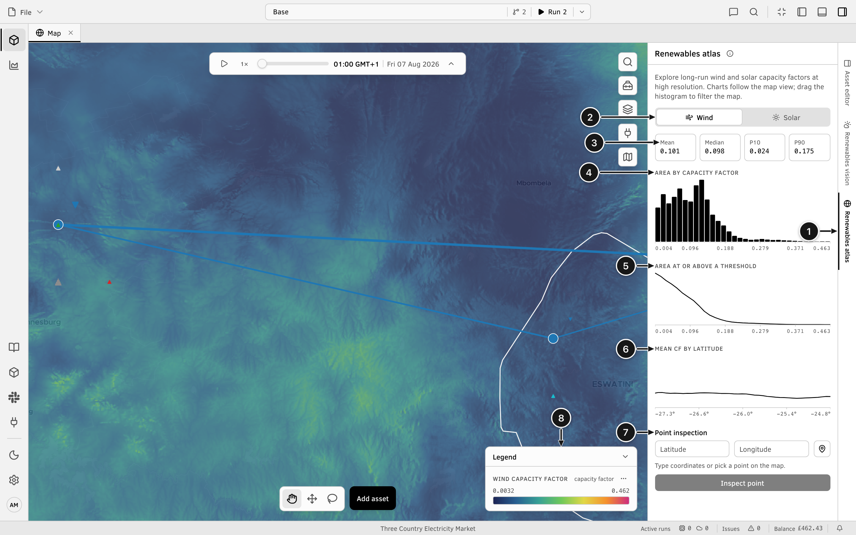 Annotated view of the Renewables atlas panel in Convexity, with the wind capacity-factor layer painted over the map